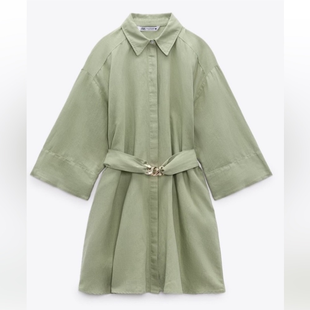 Zara Light Sage Button-Front Mini Dress with Belted Waist, Small